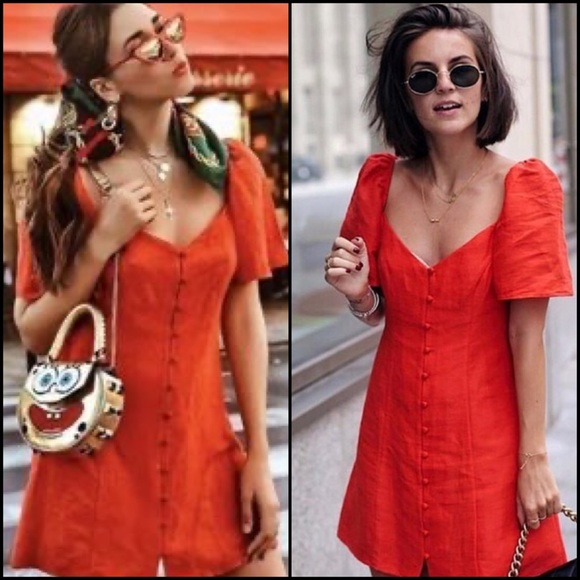 Zara Woman Red Linen Flutter Sleeve Button Dress - Picture 3 of 15